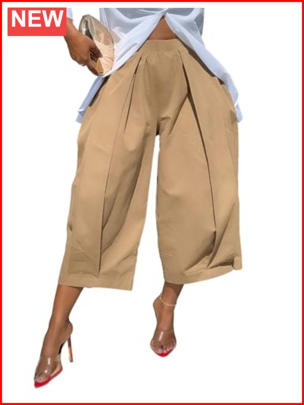 High Waisted Wide Leg Cropped Palazzo Pants with Pockets Casual